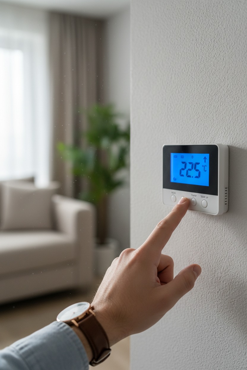 person adjusting heating thermostat on wall